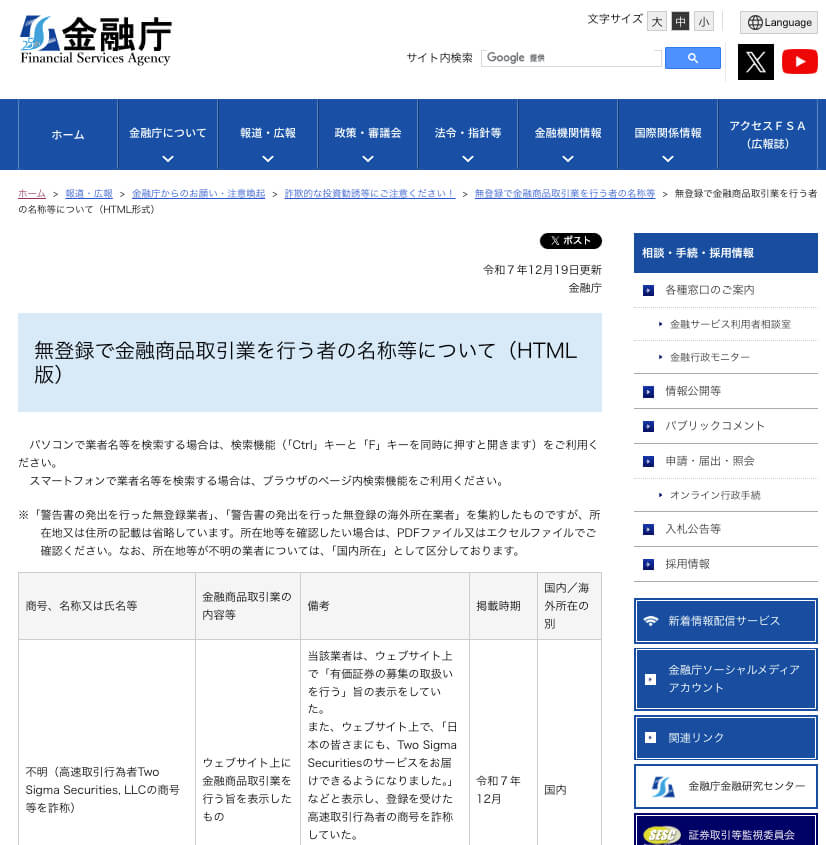 無登録で金融商品取引業を行う者の名称等について