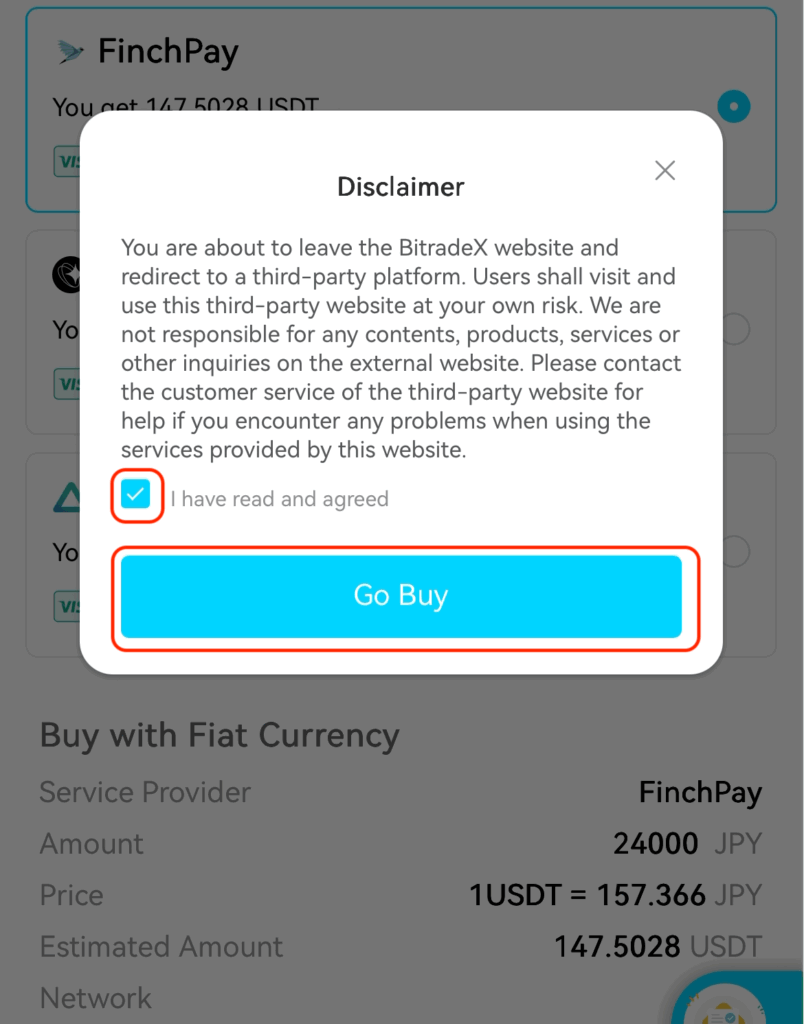BitradeXの外部サイト（第三者サービス）に移動します」という注意書き