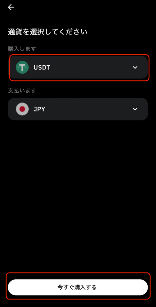 購入する通貨に「USDT」を、支払い通貨に「JPY（日本円）」を指定